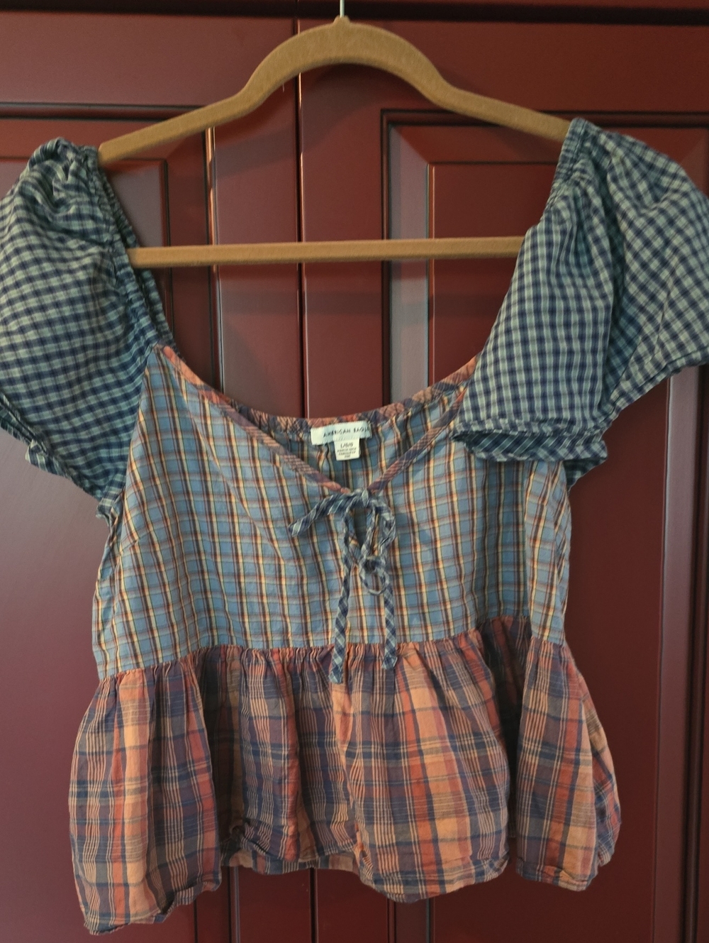 Woven Plaid Peasant Top - Blue and Coral American Eagle Sz Large Top